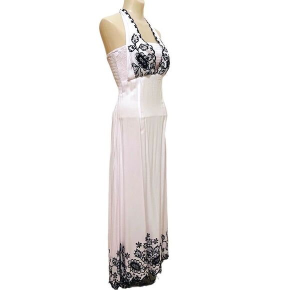 Bali Chic White Black Embroidery Smocked Tube Tie Halter Top Dress - Picture 4 of 15